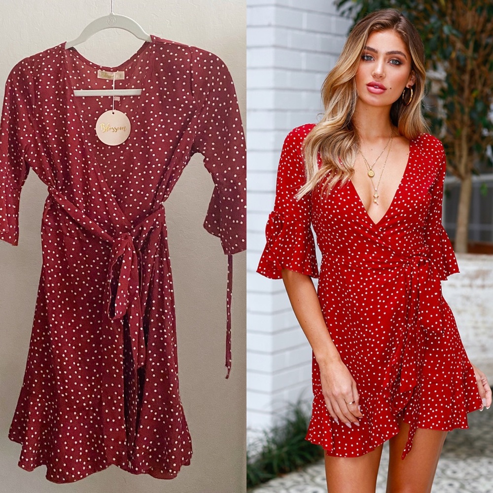 Hello Molly Wine Spot Ruffle Wrap Dress